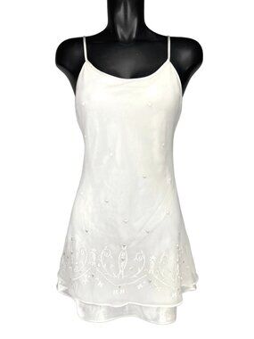 Vintage GALERIES LAFAYETTE Lingerie Heart Embroidered Ivory Slip Dress Size S/M